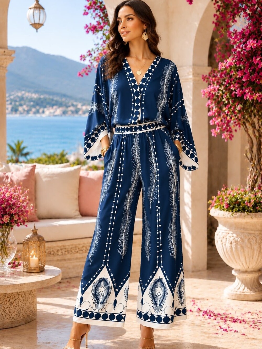 EL 10 Made In Italy Viscose Navy Printed Wide-Leg Pant Set